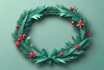 The primary subject of the image is a green paper wreath with red stars. The wreath is made of paper and is adorned with red stars. The setting is a green background, which provides a contrasting color to the wreath. The visual style is a combination of digital art and illustration, as the paper wreath is created using digital tools. The colors and mood of the image are festive and cheerful, with the green and red colors evoking a sense of warmth and celebration.